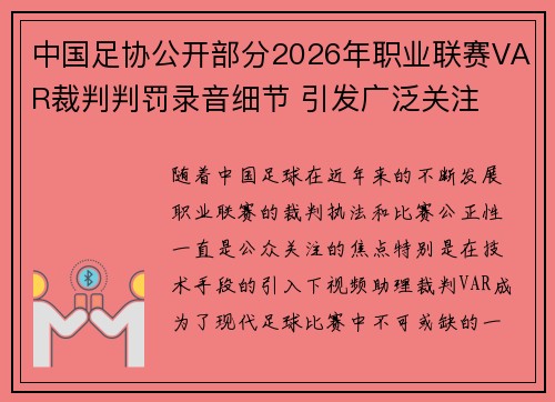 中国足协公开部分2026年职业联赛VAR裁判判罚录音细节 引发广泛关注