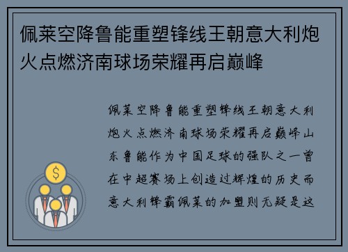 佩莱空降鲁能重塑锋线王朝意大利炮火点燃济南球场荣耀再启巅峰