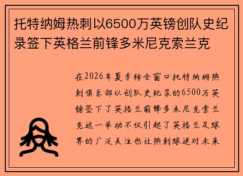 托特纳姆热刺以6500万英镑创队史纪录签下英格兰前锋多米尼克索兰克